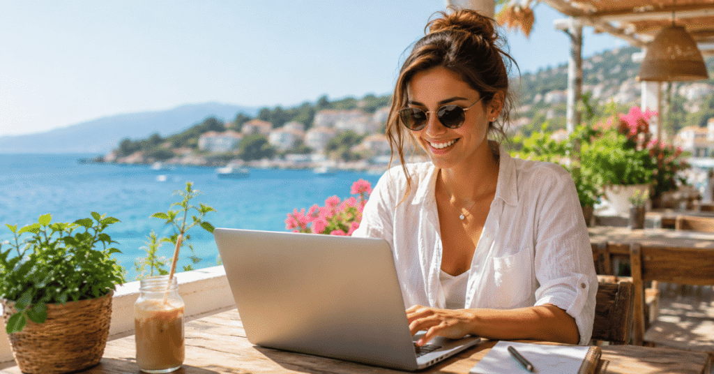 frau arbeitet am balkon am laptop, im hintergrund ds meer