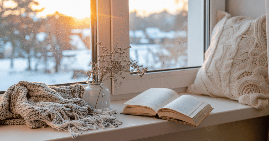 eine fensterbank mit einem buch, blick auf winterlandschaft